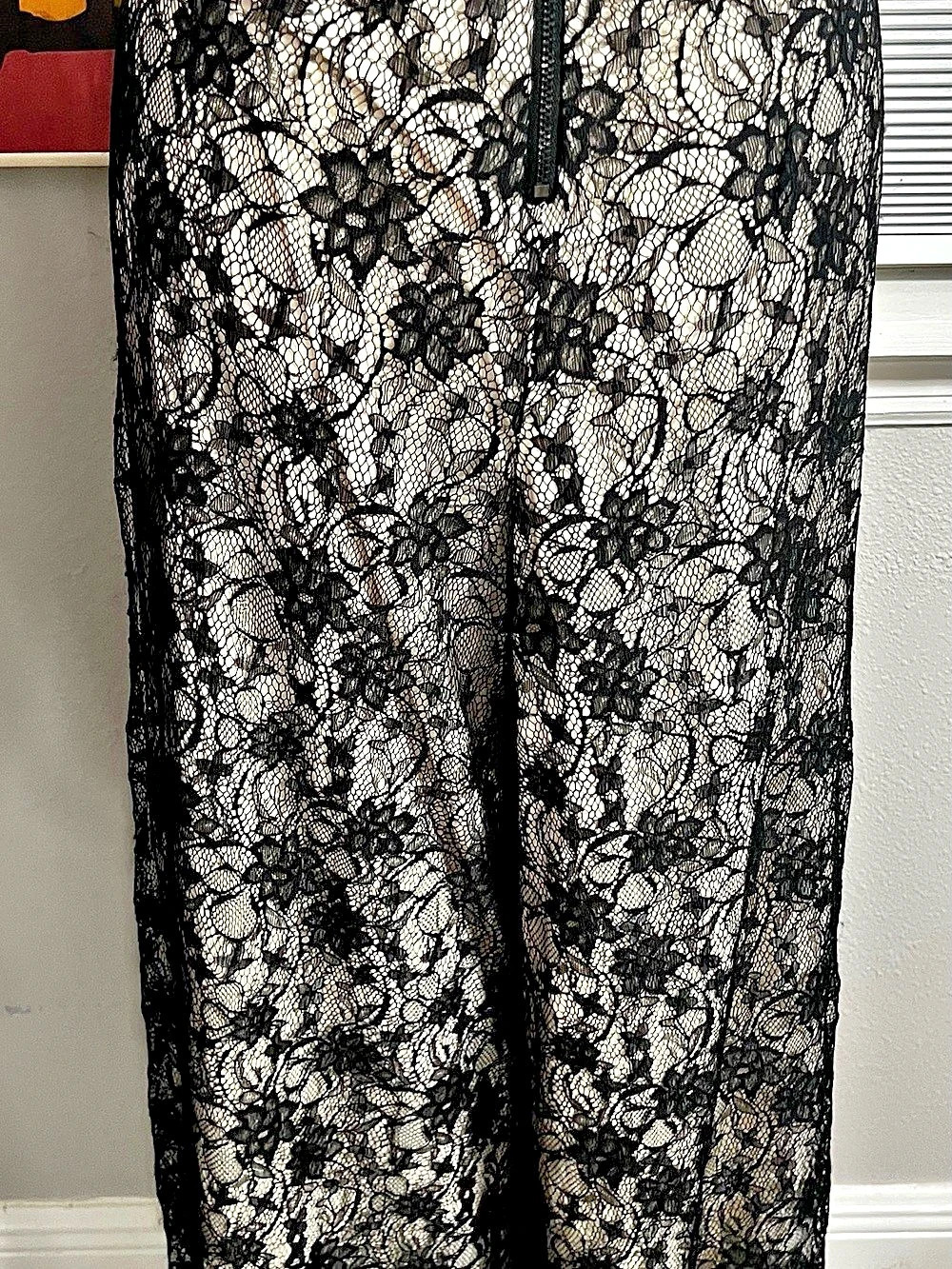 alice + olivia Black And Nude Lace With Leather Zipper Jumpsuit Small - Picture 7 of 16